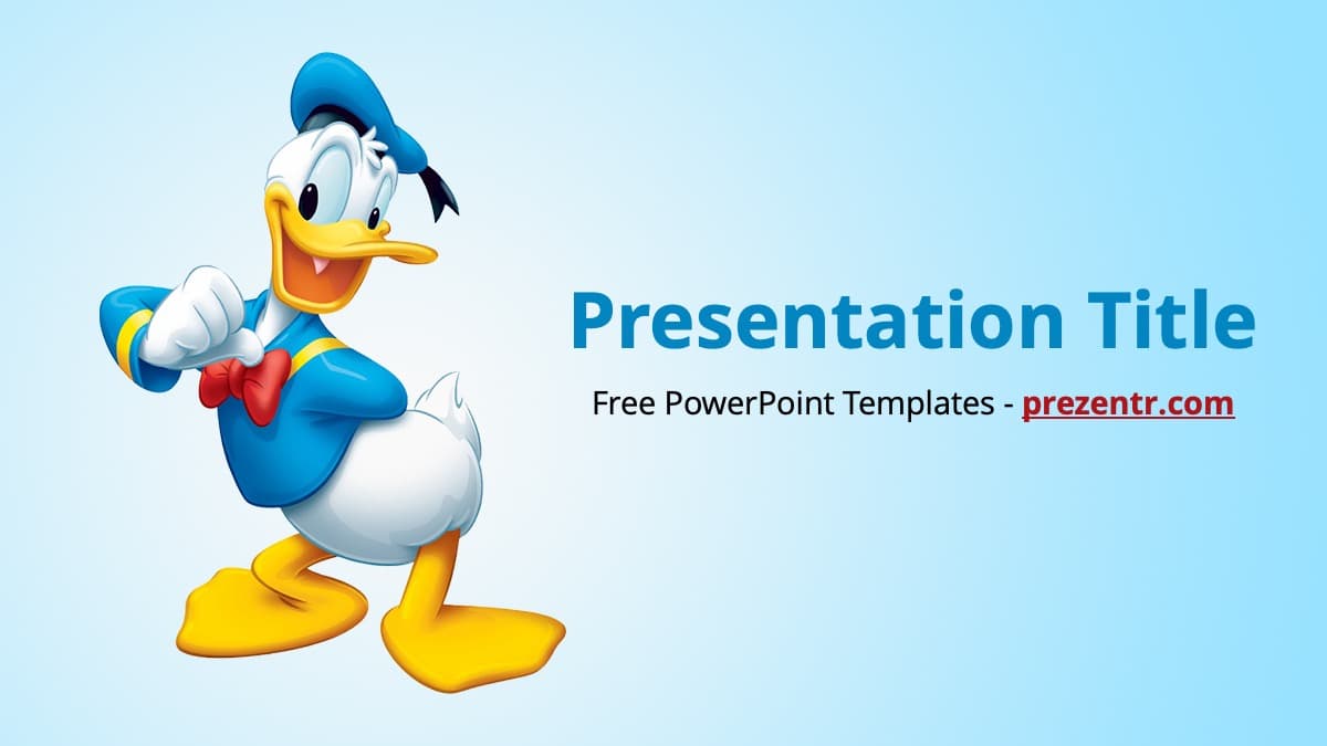 Donald Duck PowerPoint Template cover slide with blue background and cheerful cartoon duck character