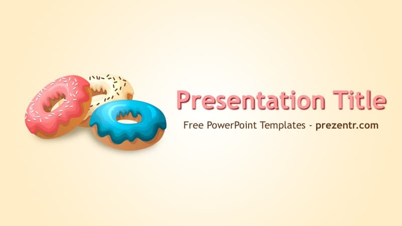 Donuts PowerPoint Template cover slide with colorful 3D donuts on cream background and pink title text