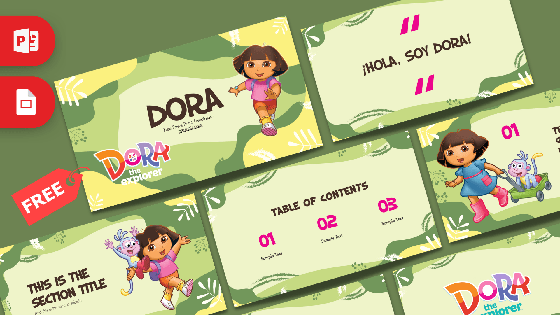 Dora PowerPoint Template cover slide with green and yellow background, featuring Dora character and colorful design elements