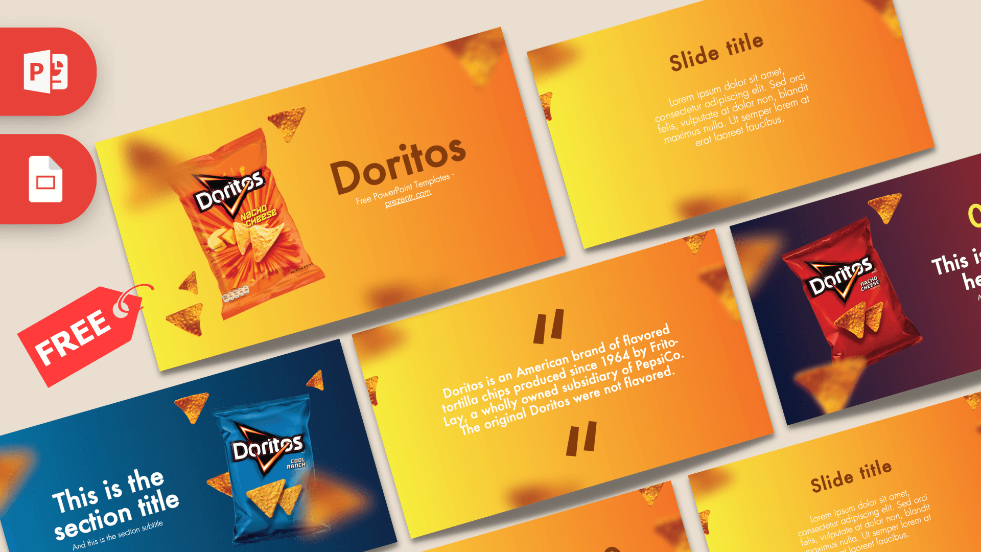Doritos PowerPoint Template cover slide with orange-yellow gradient background and product imagery