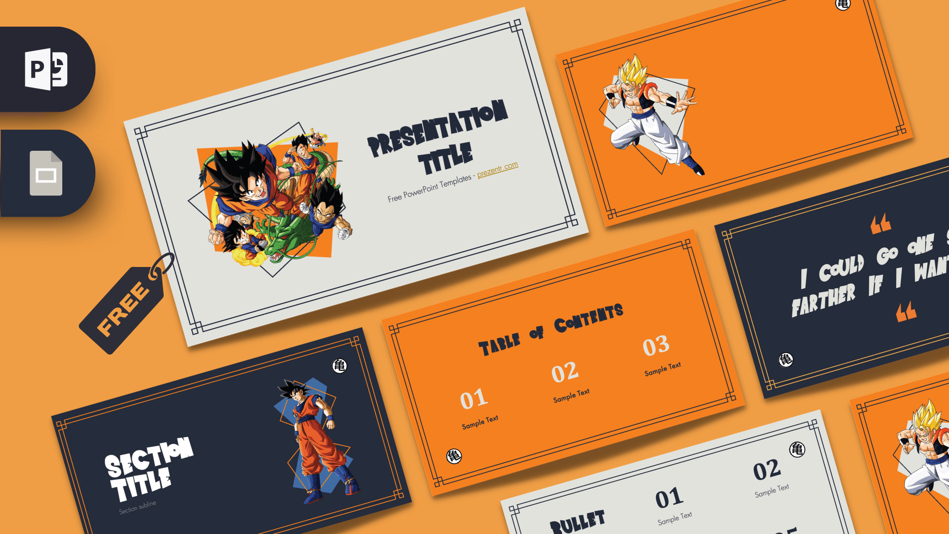 Dragon Ball PowerPoint Template cover slide with orange background, anime characters, and decorative layout