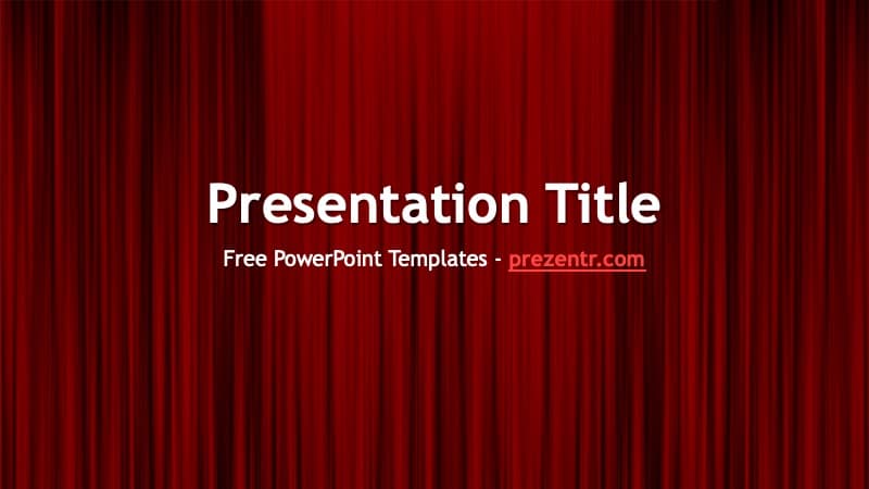 Red velvet curtain backdrop with "Presentation Title" text and website credit for Drama Class PowerPoint Template