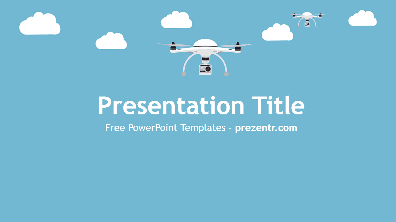 Drones PowerPoint Template cover slide with blue sky background, white clouds, and flying drones with camera