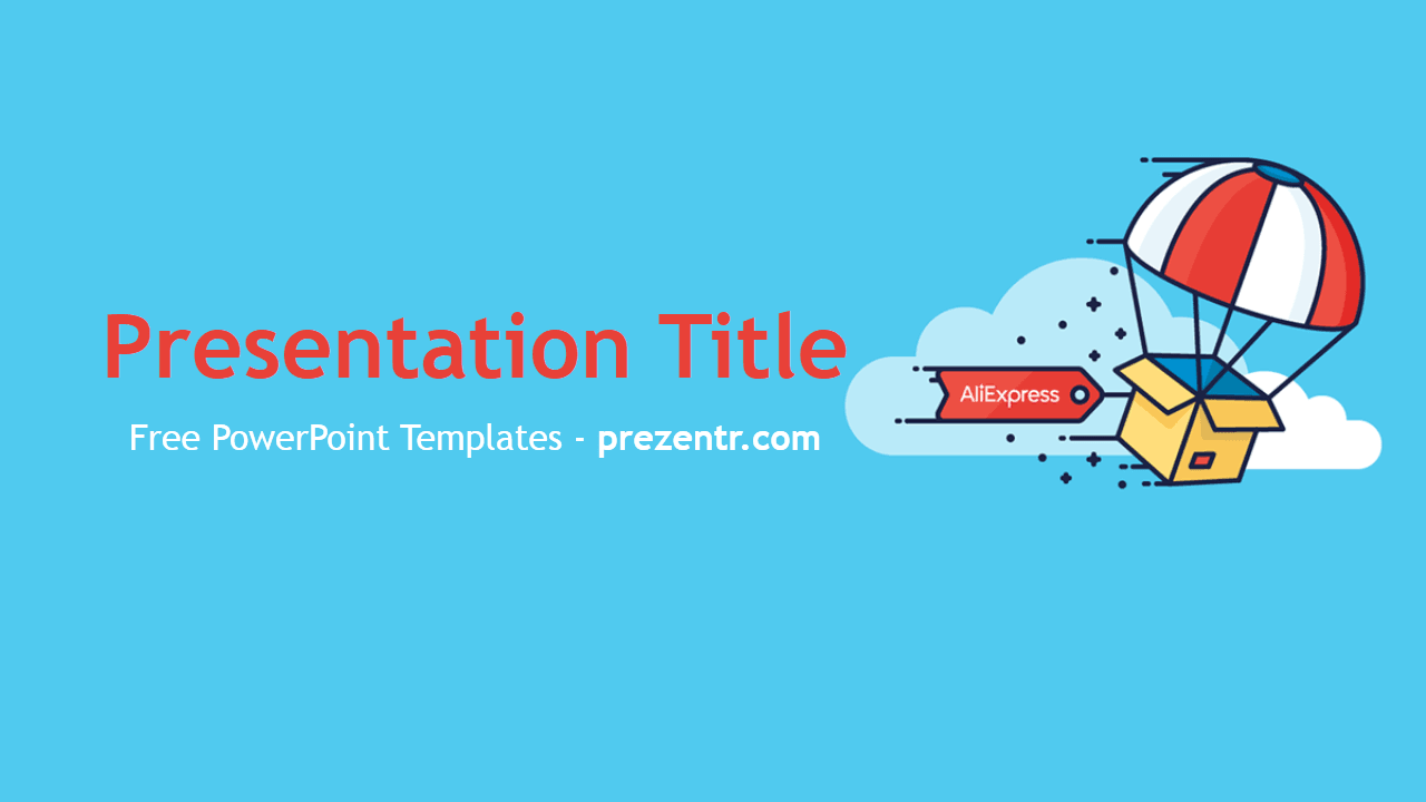 Dropshipping PowerPoint Template cover slide with blue background, parachuting box, and AliExpress logo
