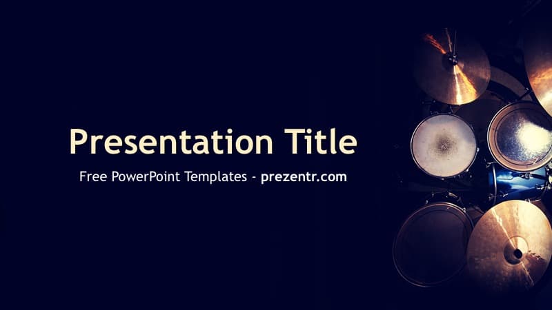 Drums PowerPoint Template cover slide with dark background, overhead drum kit view, and centered white text