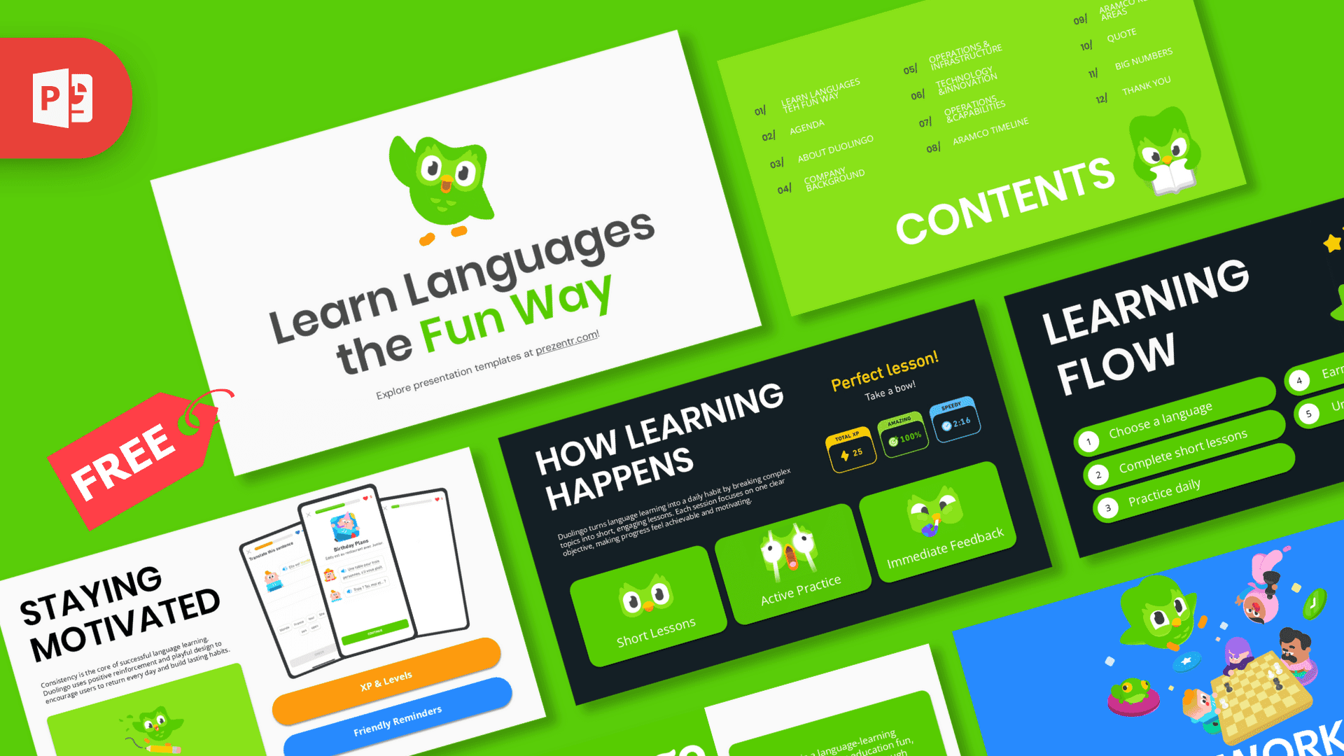 Duolingo PowerPoint Template cover slide featuring bright green background, cartoon owl mascot, and language learning theme