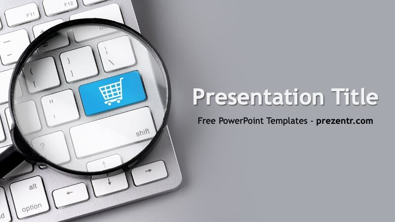 e-Commerce PowerPoint Template cover slide showing keyboard with shopping cart key highlighted under magnifying glass