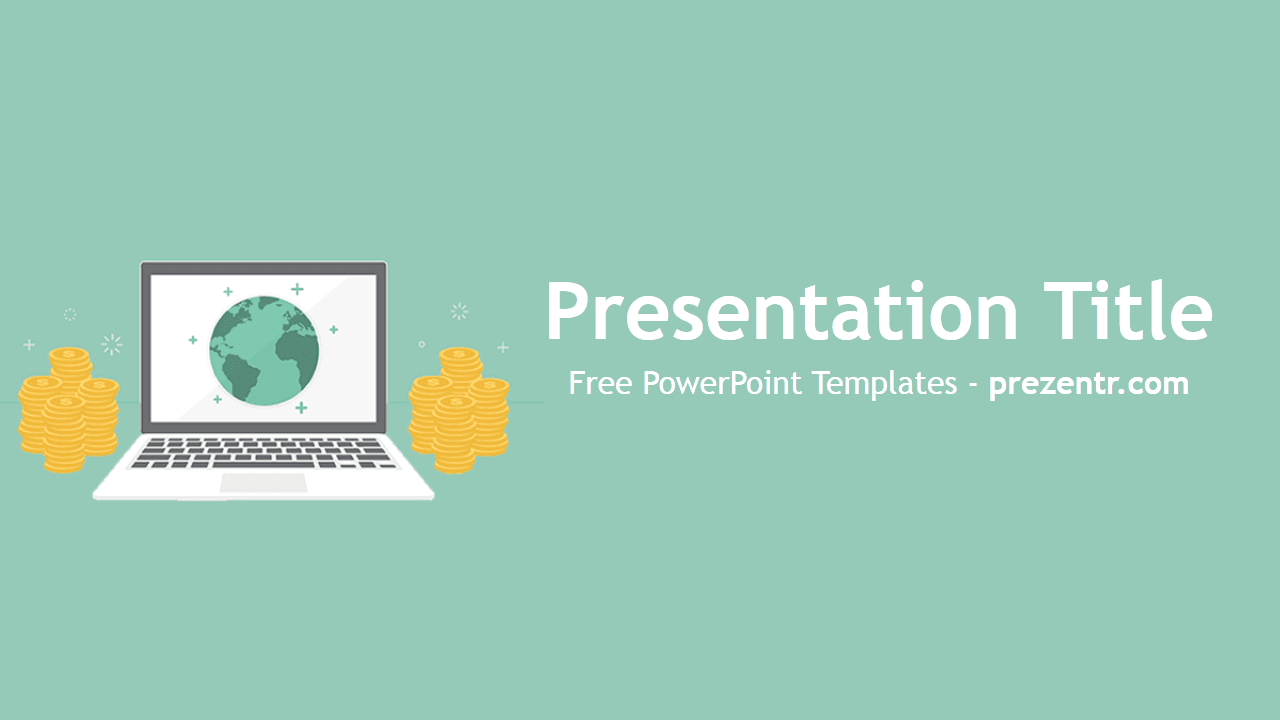 Earning Money Online template cover slide with laptop, coins, globe icon on turquoise background
