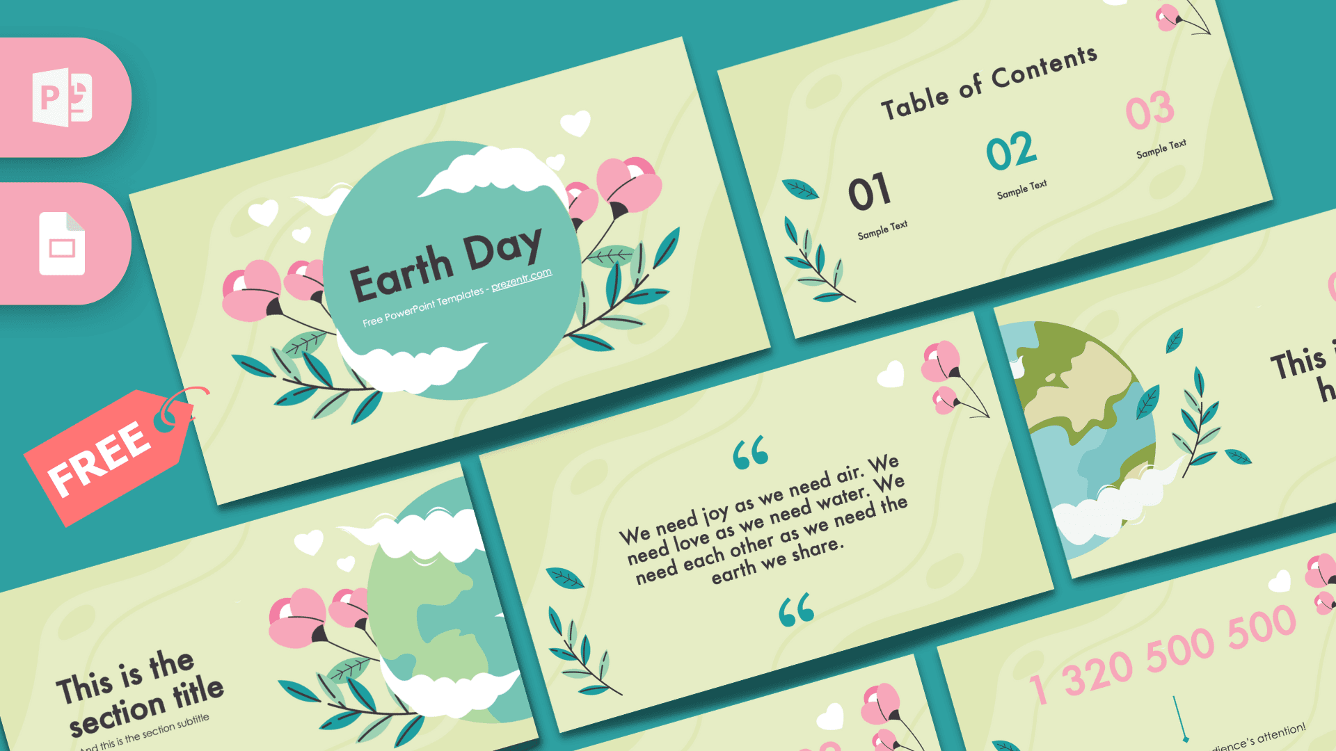 Earth Day PowerPoint template cover with teal circle, pink flowers, and cream background