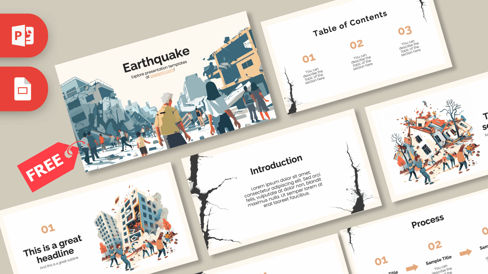 Earthquake PowerPoint template cover slide with illustrated disaster scene, neutral tones, and orange accents