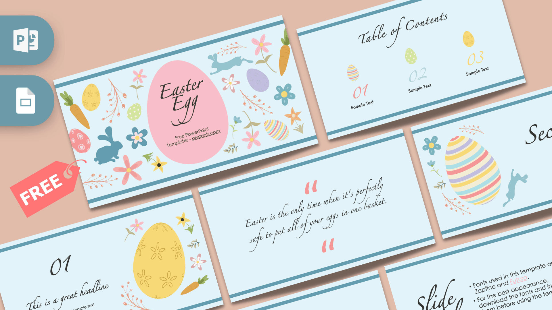 Easter Egg PowerPoint Template cover slide with pink egg and spring flowers on light background