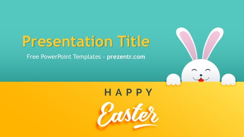 Easter PowerPoint Template cover slide with turquoise and yellow colors featuring a cute bunny illustration