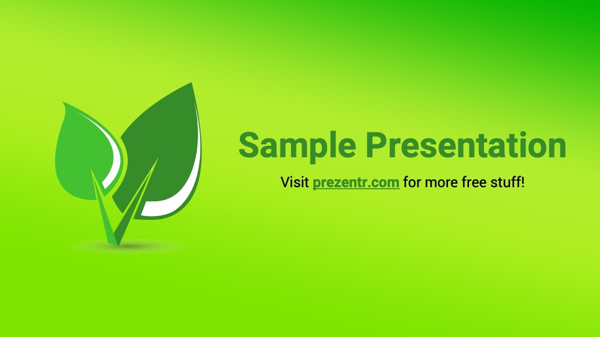 Eco-Friendly PowerPoint Template cover slide with green leaves logo and lime gradient background