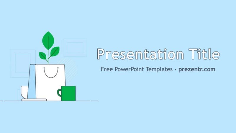 Light blue background with green plant in shopping bag and coffee cup; Eco Products PowerPoint Template cover slide