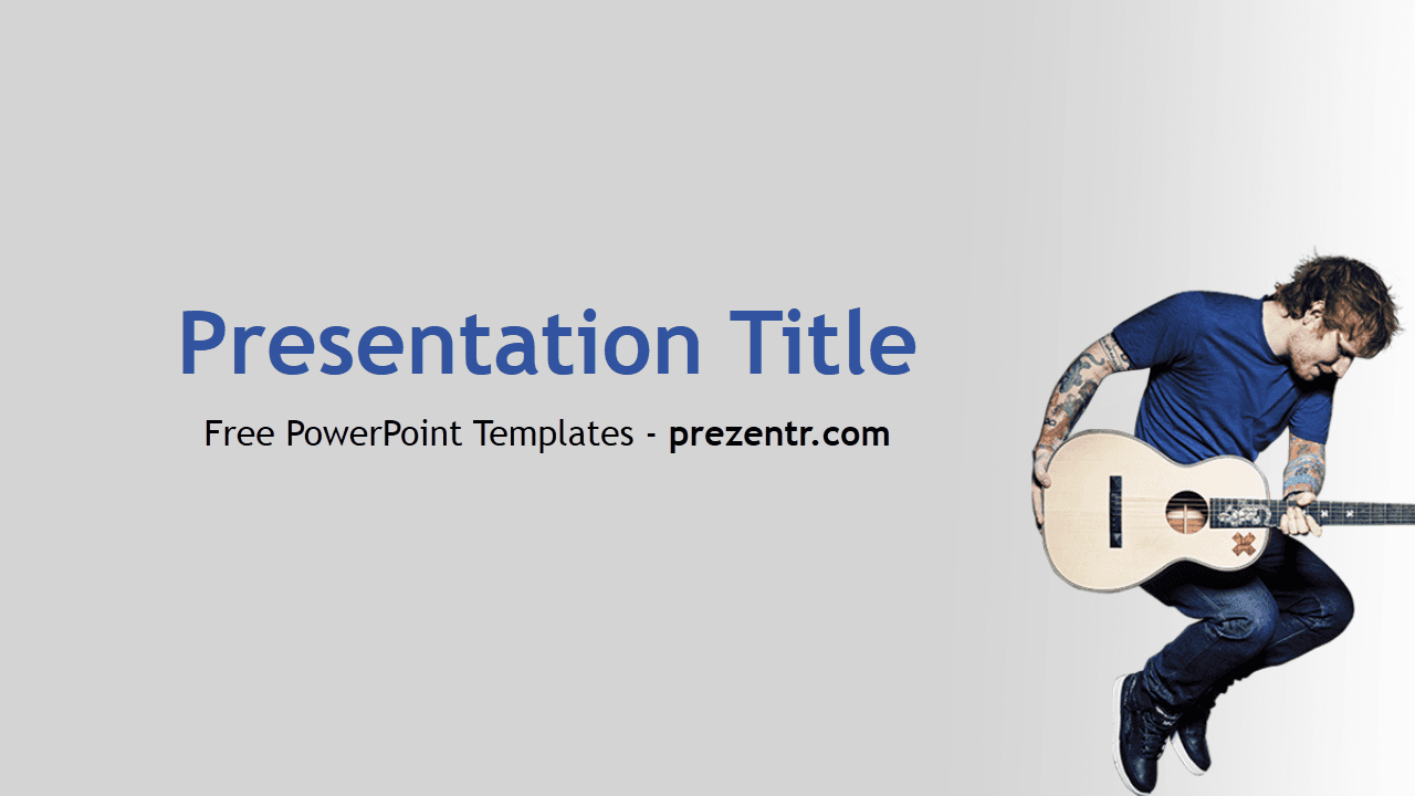 Ed Sheeran PowerPoint Template cover slide with musician jumping with acoustic guitar on gray background, blue text title