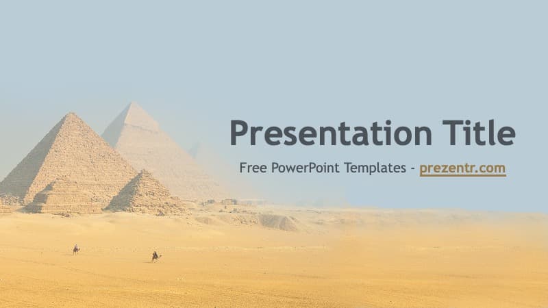 Egyptian PowerPoint Template cover slide with pyramids in desert landscape and blue sky