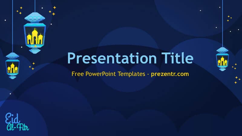 Eid al-Fitr PowerPoint template cover slide with dark blue background, glowing lanterns, stars, and crescent moon design