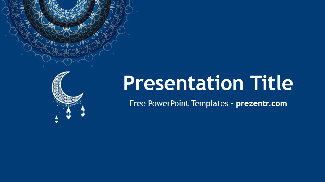Eid Mubarak template cover slide with blue background, crescent moon, lanterns, and mandala pattern