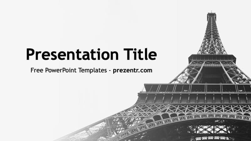 Eiffel Tower PPT Template cover slide with black and white tower image and gray background