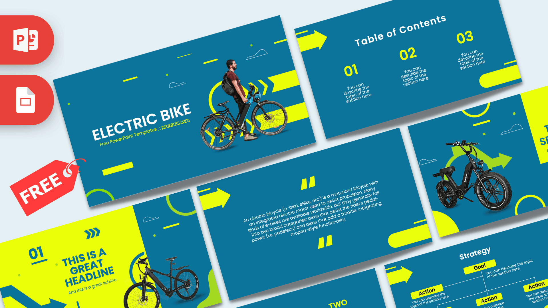 Electric Bike PowerPoint template cover slide with teal and yellow design featuring cyclist on e-bike