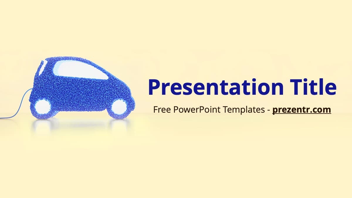Electric Cars PowerPoint Template cover slide with blue textured car icon and cream background