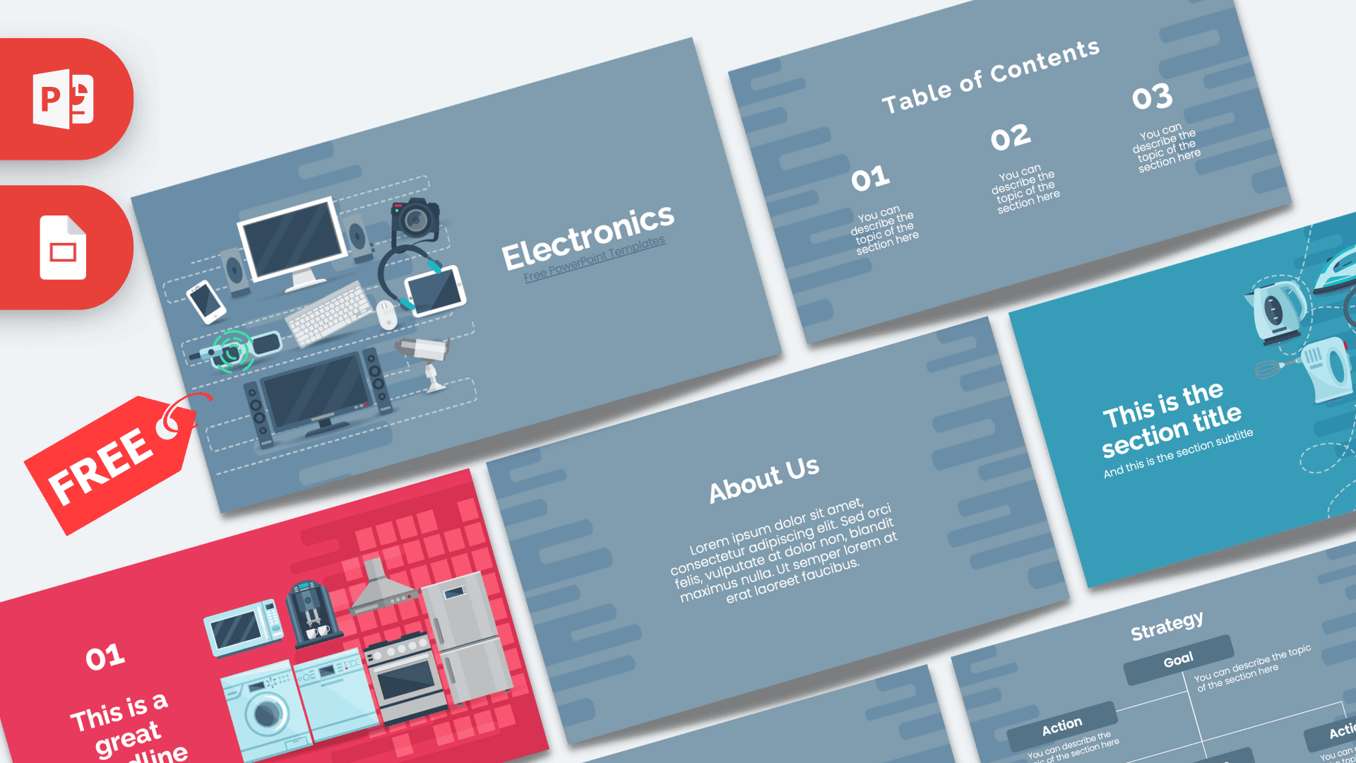 Electronics PowerPoint Template cover slide with blue and red backgrounds, desktop and kitchen appliances illustrations