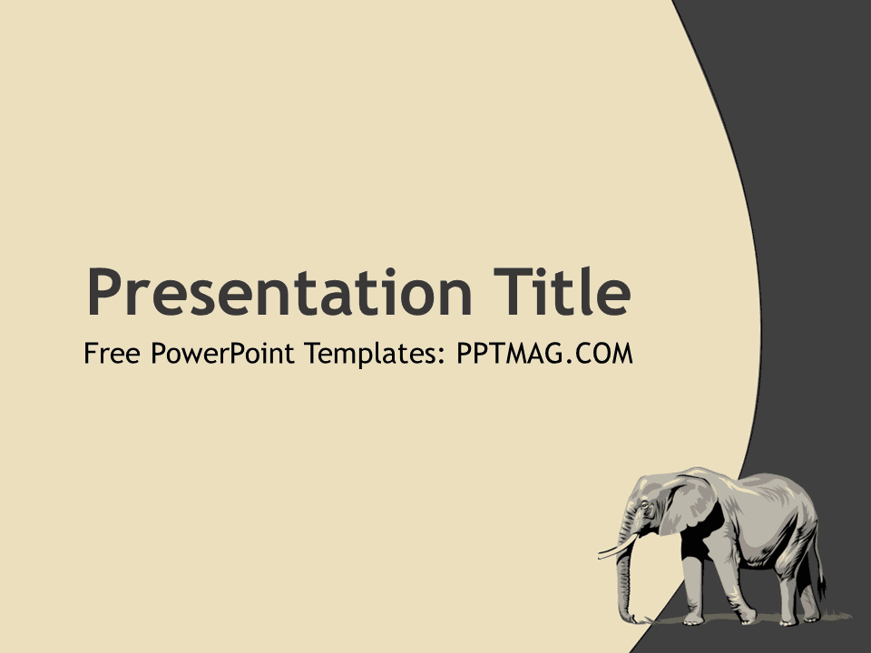 Elephant PowerPoint Template cover slide with beige and dark gray design featuring elephant illustration