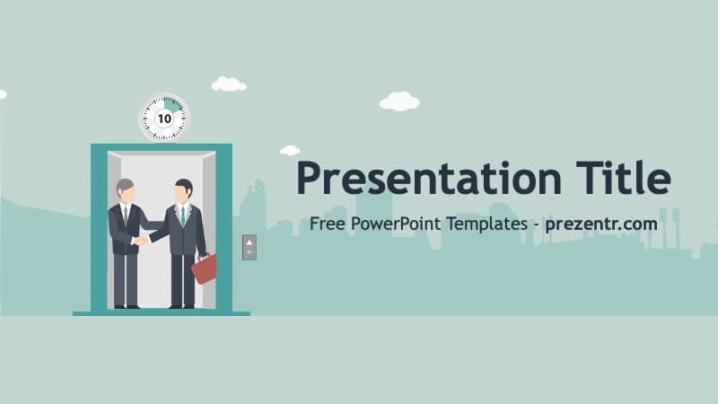 Elevator Pitch PowerPoint template cover slide with two businessmen shaking hands in elevator, teal and white color scheme