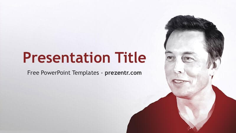 Elon Musk PowerPoint Template cover slide with red title text, portrait photo on right, and clean gray background