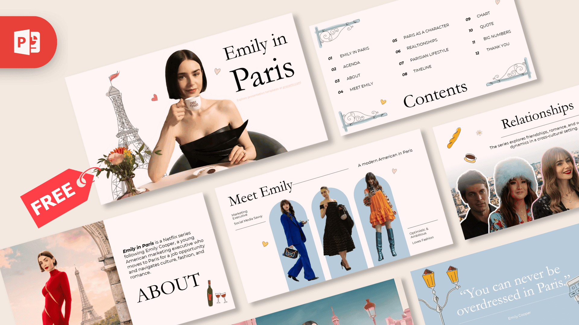 Emily in Paris PowerPoint template cover with woman, Eiffel Tower, and elegant pink aesthetic