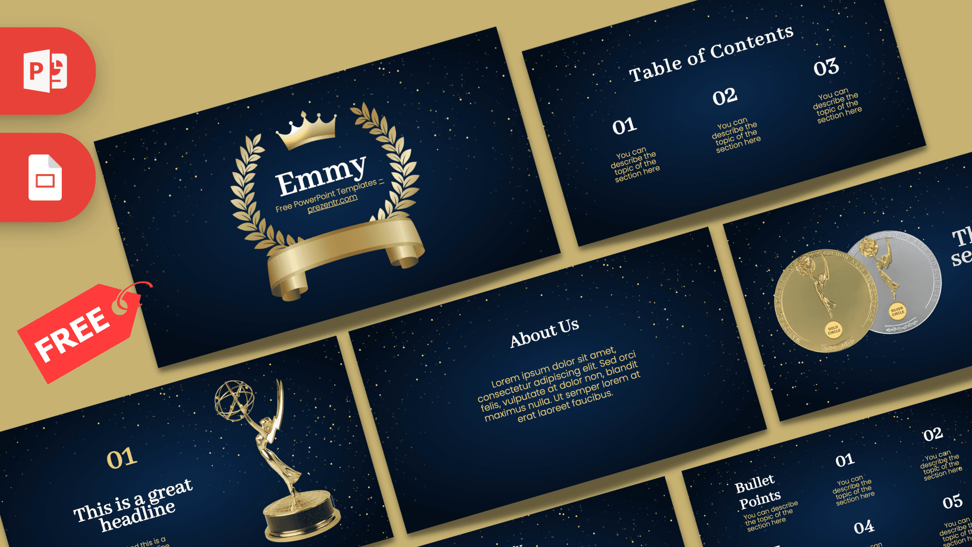 Emmy Awards Presentation Template cover with gold crown, laurel wreath, and dark blue starry background