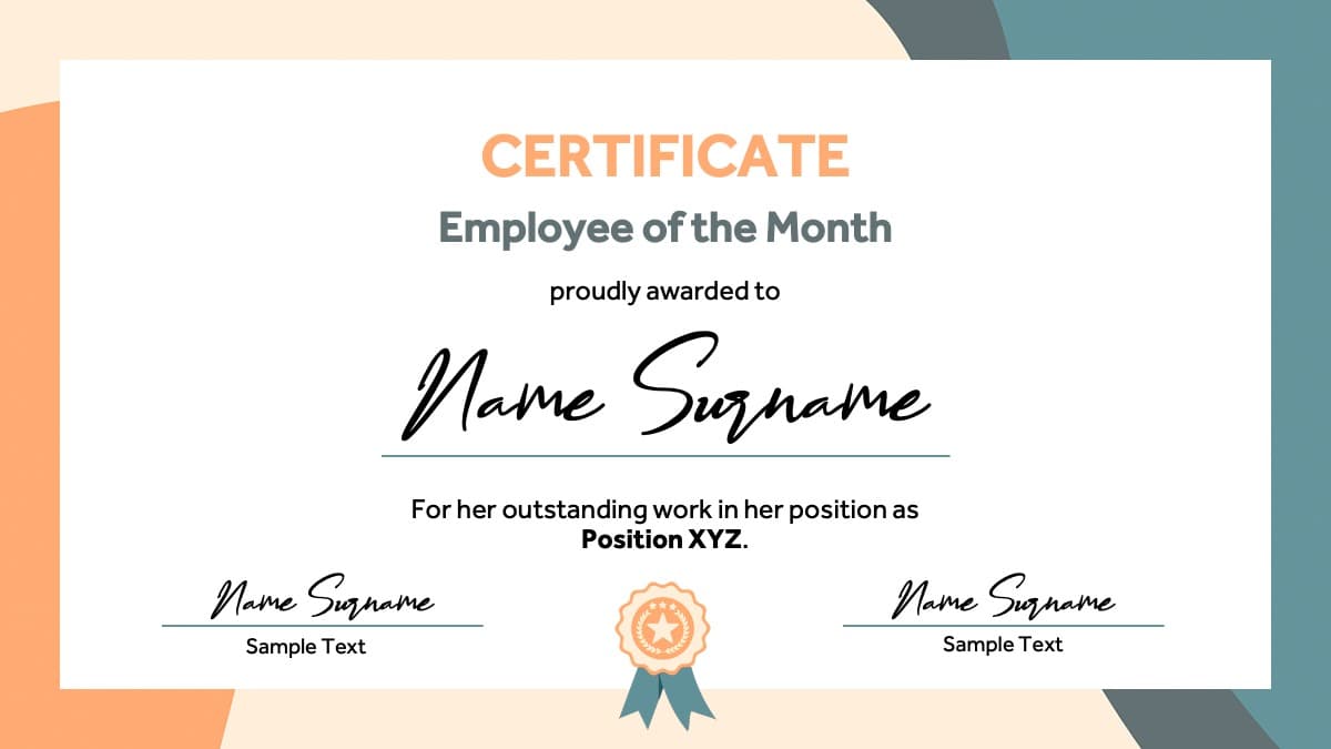 Employee of the Month Certificate template featuring an orange and teal design with signature lines and award badge