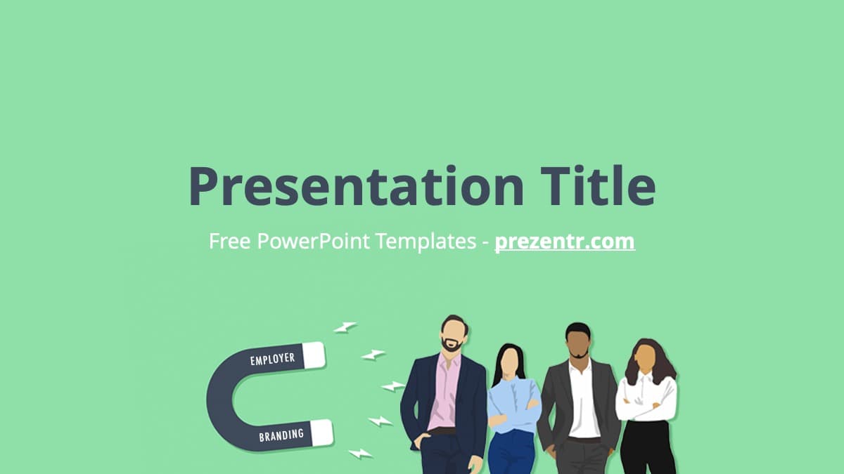 Employer Branding PowerPoint template cover slide with mint green background, magnet icon, and diverse business team