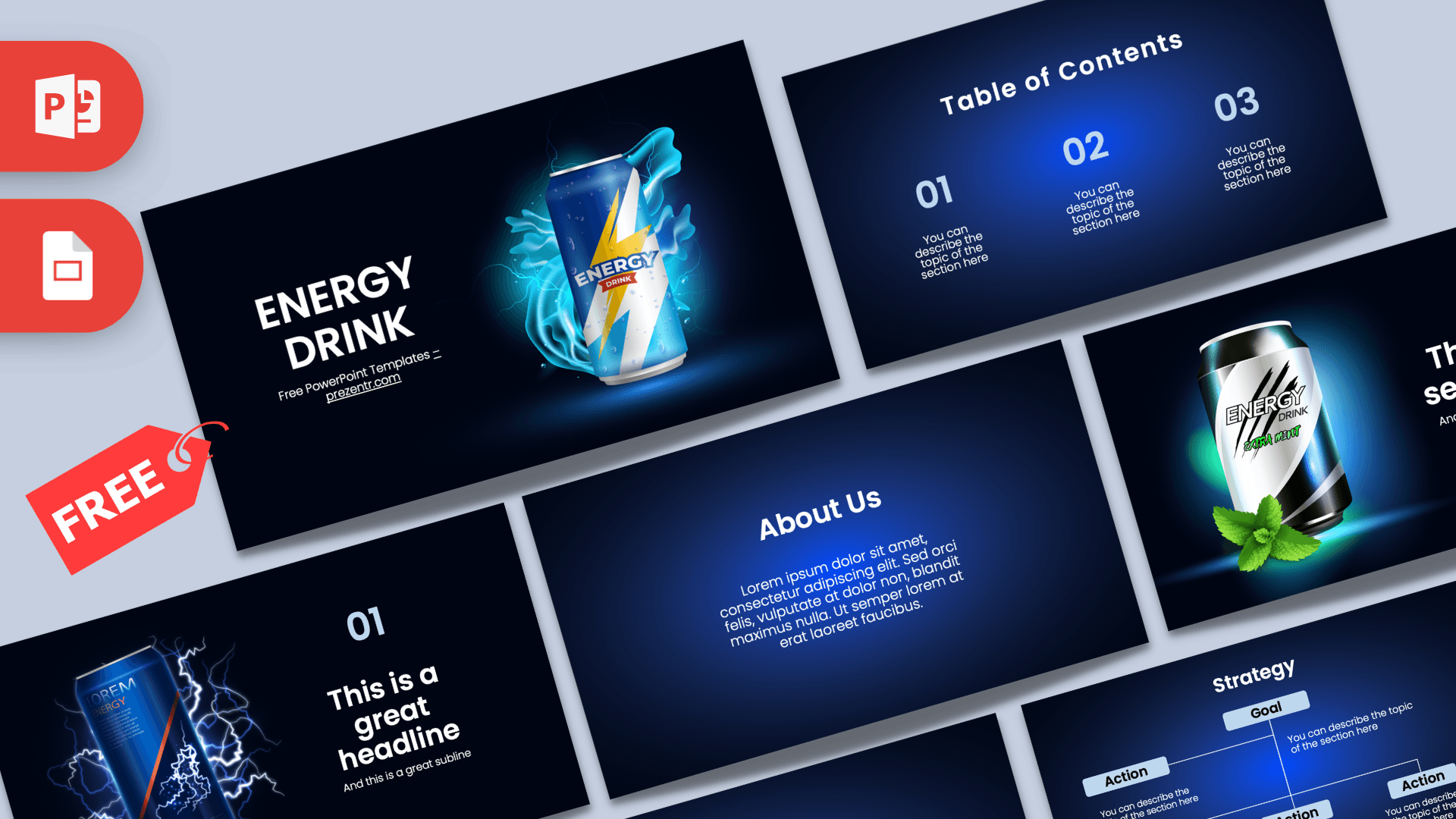 Energy Drink PowerPoint Template cover slide with blue glowing can imagery and dark modern layout