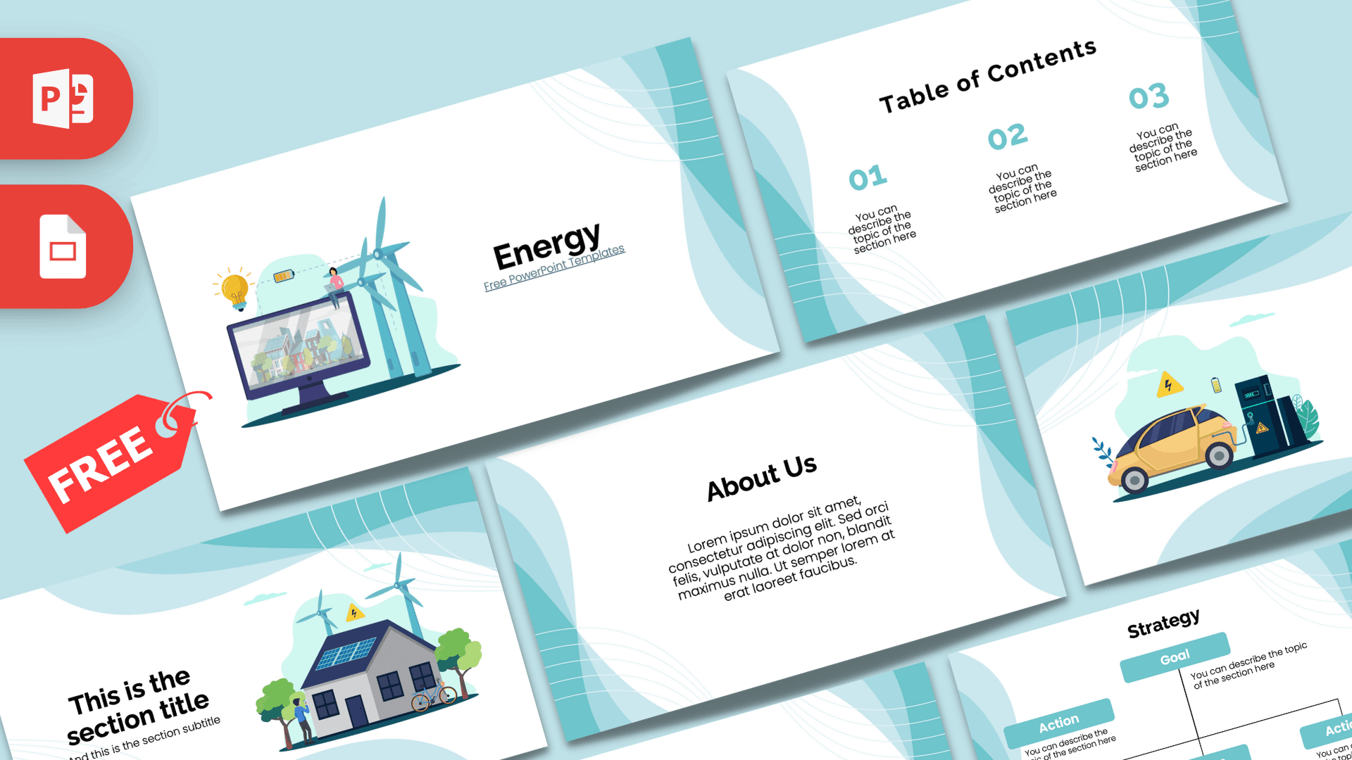 Energy PowerPoint template cover slide with teal and white design featuring renewable energy illustrations