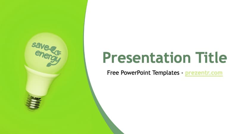 Green energy saving PowerPoint template cover slide with lightbulb icon and curved design layout