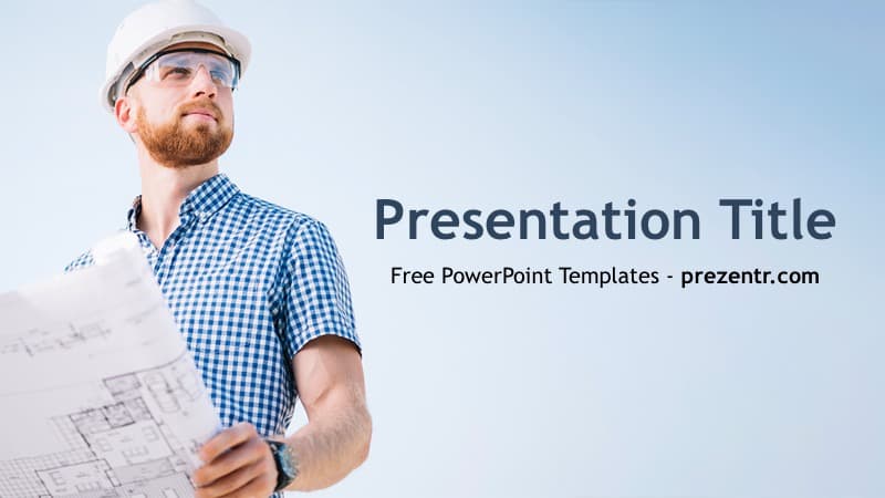 Engineer PowerPoint Template: Male construction worker in hard hat holding blueprints against blue sky background