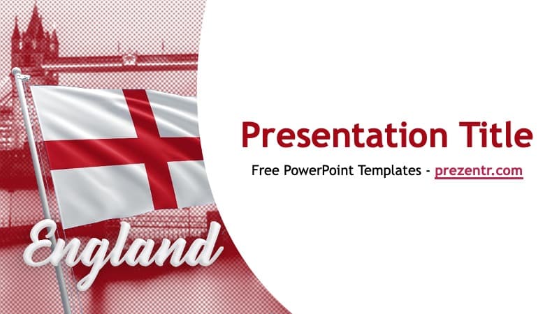 England PowerPoint Template cover slide with red and white flag, Big Ben, and "England" text on burgundy background