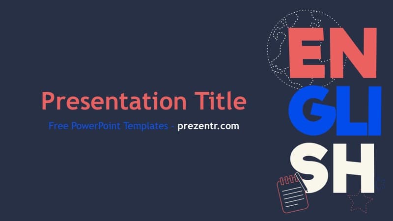 English PowerPoint Template cover slide with dark blue background, red and blue text, globe icon