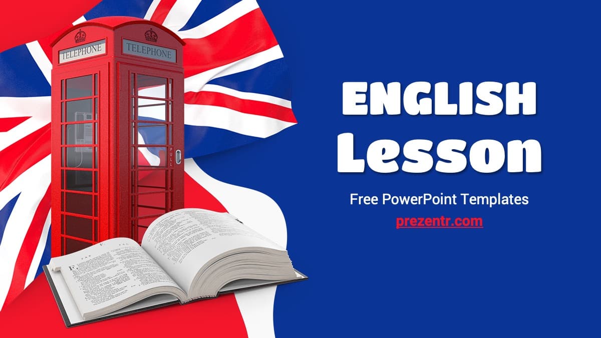 English Lesson PowerPoint template cover slide with Union Jack flag, red telephone booth, open book, and blue background