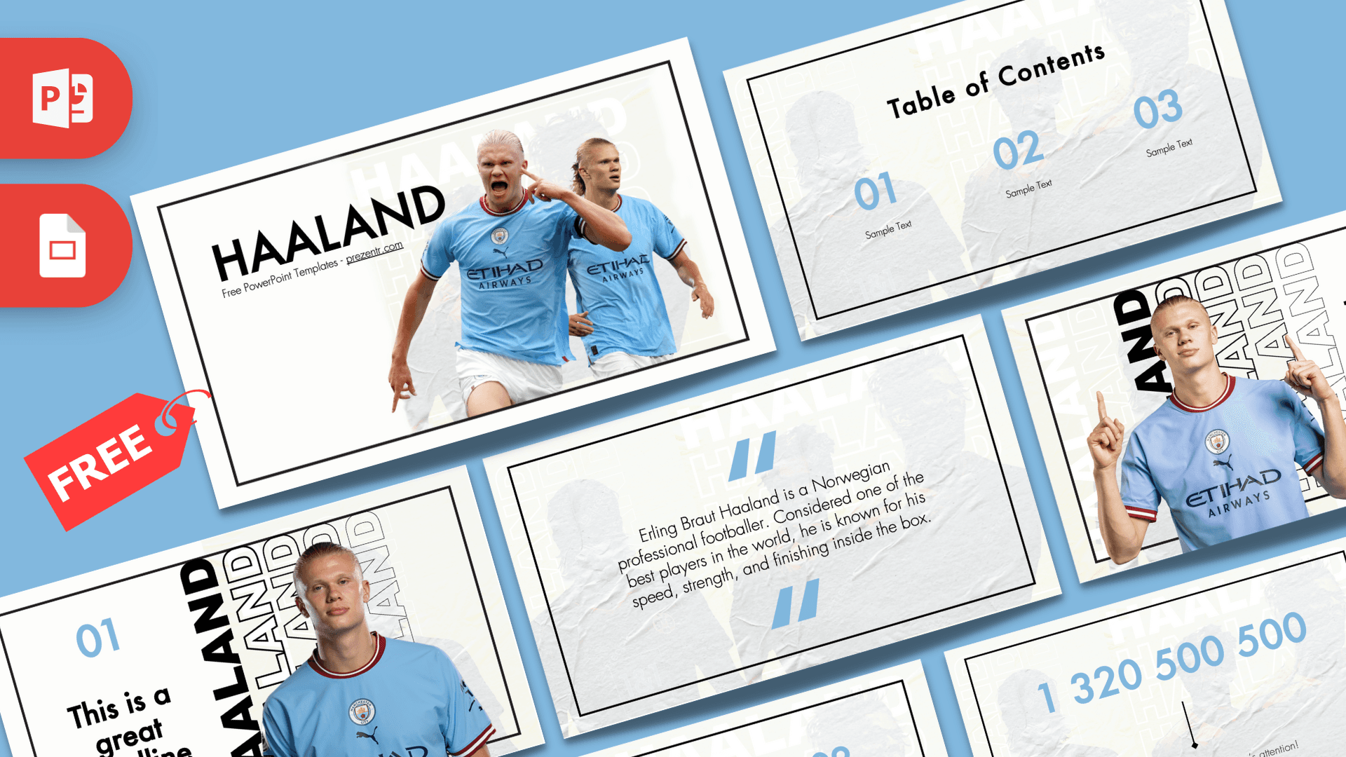 Erling Haaland PowerPoint Template cover slide featuring footballer in light blue jersey on white background
