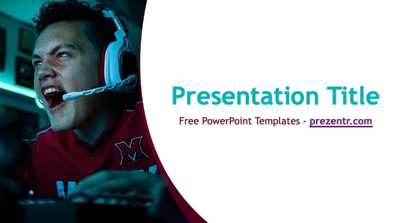 eSports PowerPoint Template cover slide featuring a gamer in red jersey with headset against teal lighting and keyboard setup