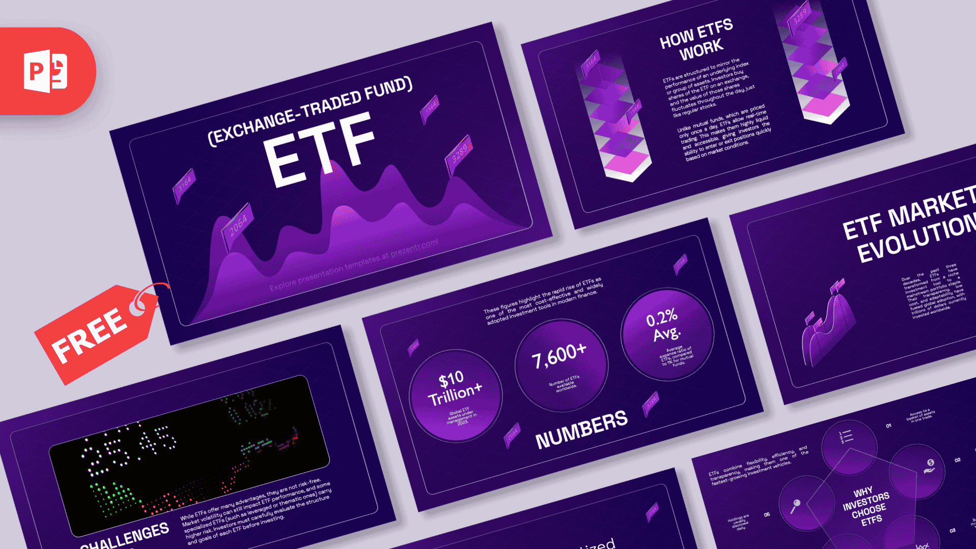 ETF PowerPoint Template cover slide with purple gradient design and floating 3D elements