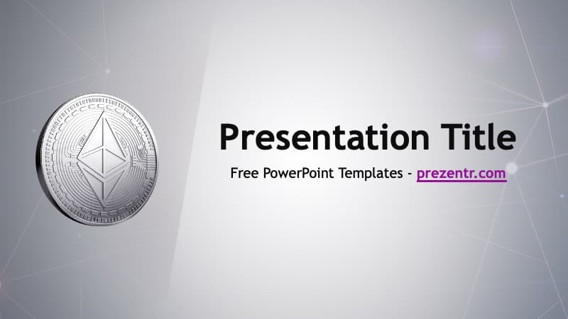 Ethereum PowerPoint template cover slide with silver coin graphic and minimalist gray layout