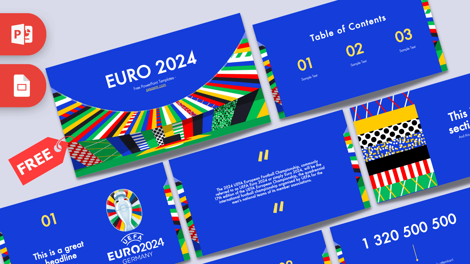 EURO 2024 PowerPoint Template featuring blue slides with colorful flag patterns and UEFA championship branding