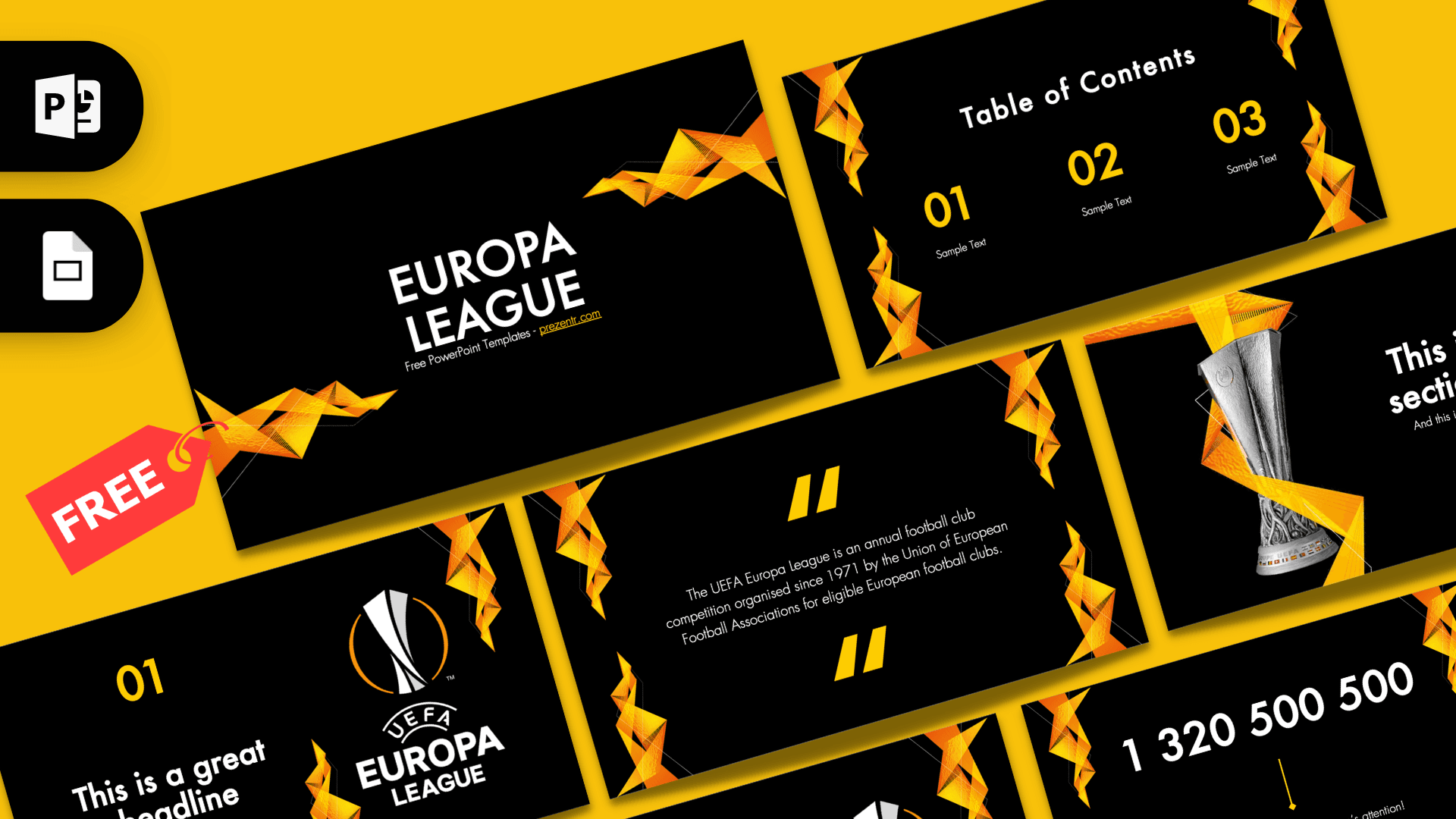 Europa League PowerPoint template cover with black background, yellow accents, and UEFA trophy graphic