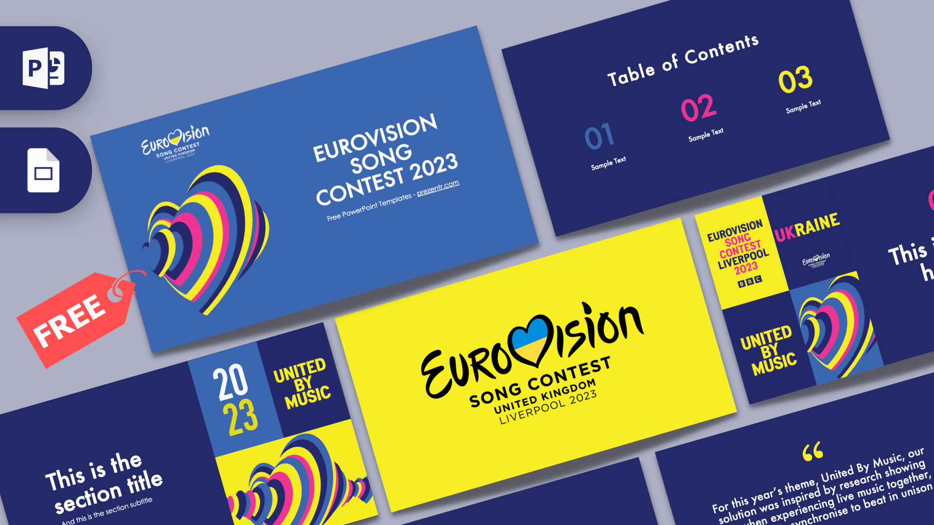 Eurovision Song Contest 2023 PowerPoint template cover with blue and yellow design featuring colorful heart logo