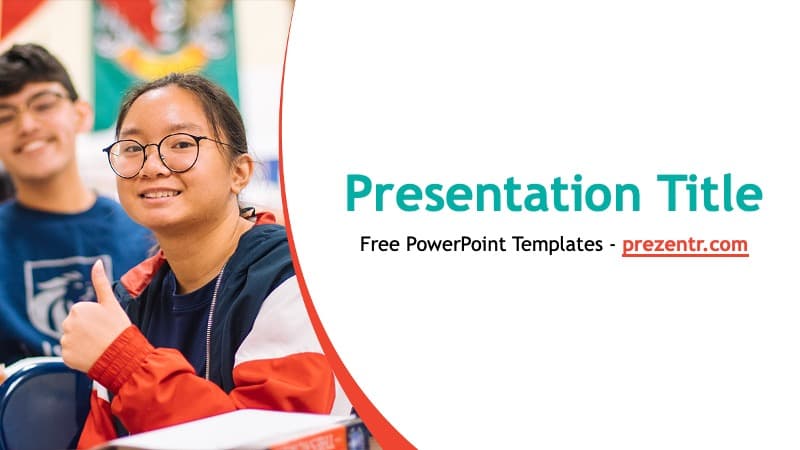 Exchange Student PowerPoint Template cover slide with student giving thumbs up, red curved design elements, and teal title