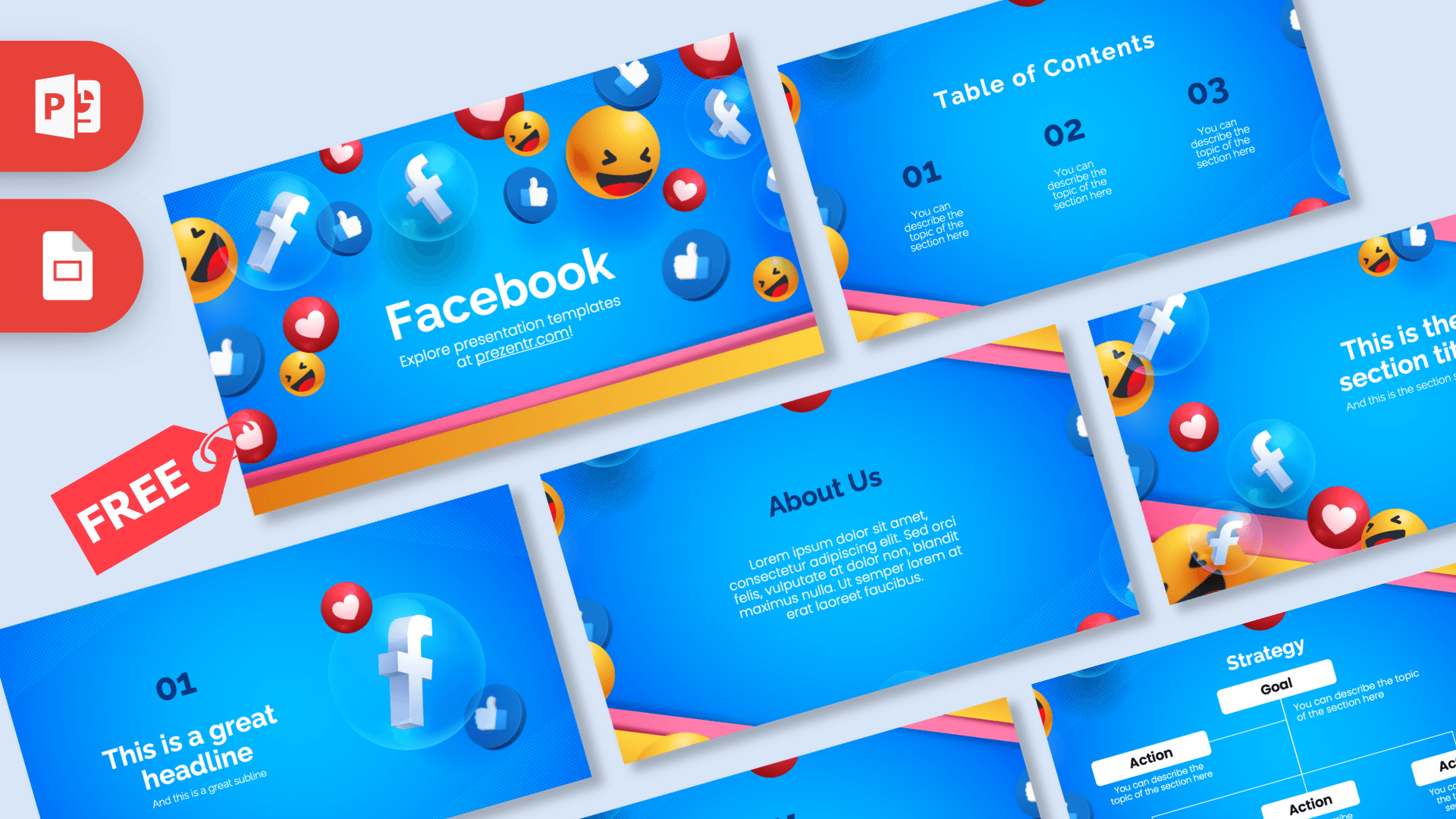 Facebook PowerPoint Template cover slide with blue background and colorful social media icons