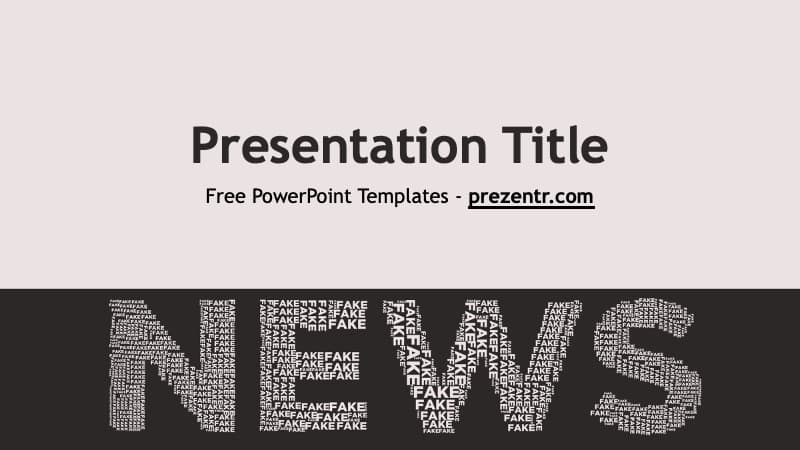 Fake News PowerPoint template cover slide with "NEWS" in large text made of "FAKE" words on dark background
